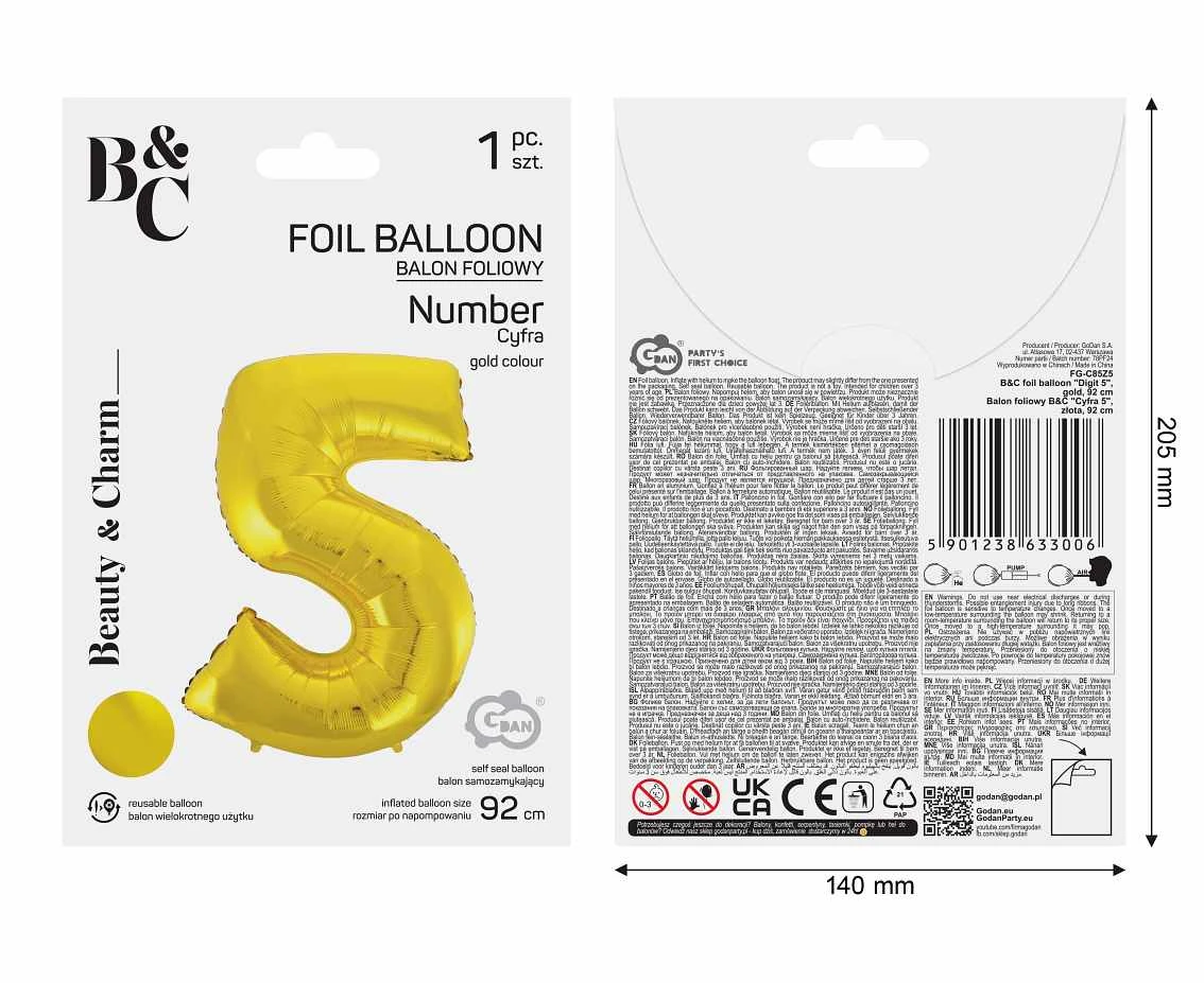 Balon foliowy B&C Cyfra 5, złota, 92 cm AA